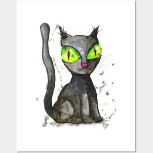 Black cat with green eyes Posters and Art